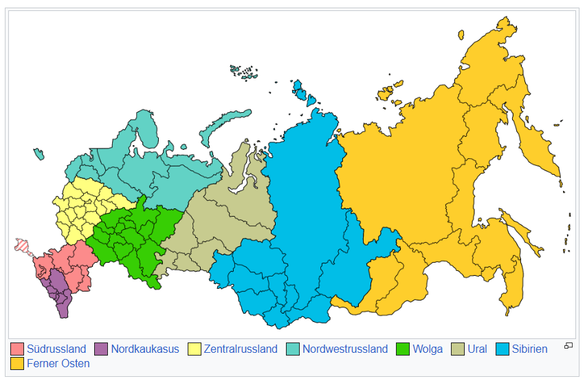 Karte der acht Föderationskreise der Russischen Föderation